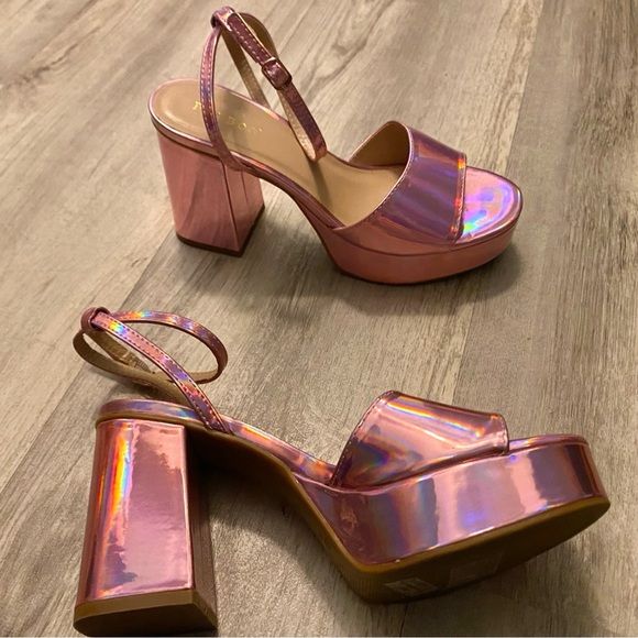 Iridescent Pink Platform High Heels Chrome Metallic Retro Dance Go Go Sz 7.5 - Picture 14 of 15